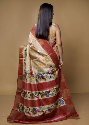 Cream Tussar Silk Saree With Blouse Piece