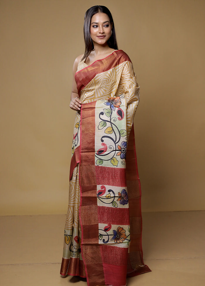 Cream Tussar Silk Saree With Blouse Piece