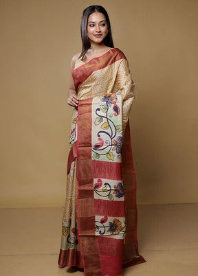 Cream Tussar Silk Saree With Blouse Piece