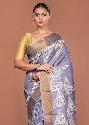 Grey Tussar Silk Saree With Blouse Piece