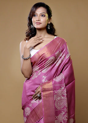 Pink Tussar Silk Saree With Blouse Piece