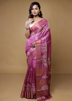 Pink Tussar Silk Saree With Blouse Piece