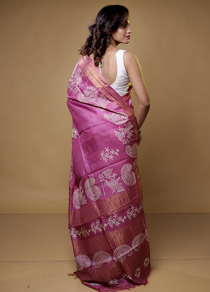 Pink Tussar Silk Saree With Blouse Piece