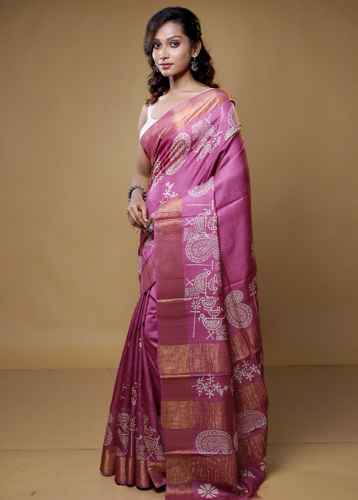 Pink Tussar Silk Saree With Blouse Piece