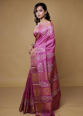 Pink Tussar Silk Saree With Blouse Piece