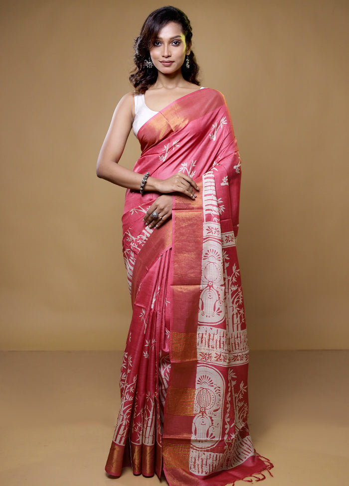 Pink Tussar Silk Saree With Blouse Piece