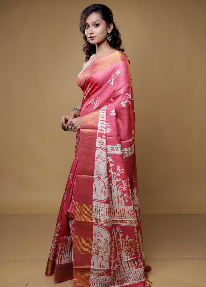 Pink Tussar Silk Saree With Blouse Piece