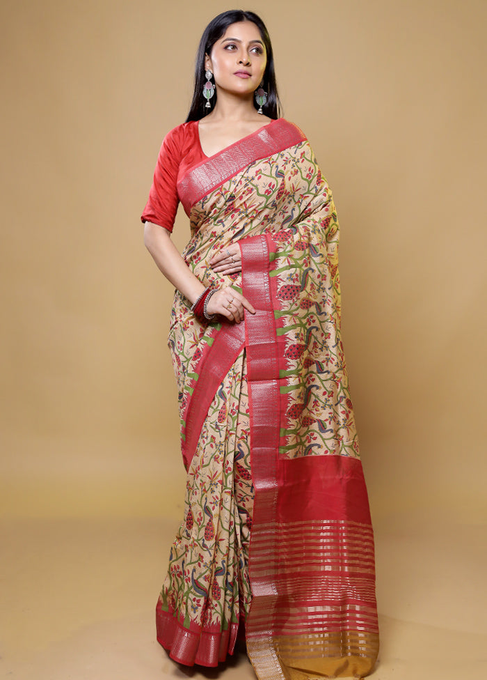 Cream Tussar Silk Saree With Blouse Piece