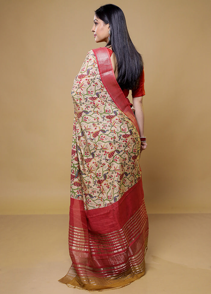 Cream Tussar Silk Saree With Blouse Piece