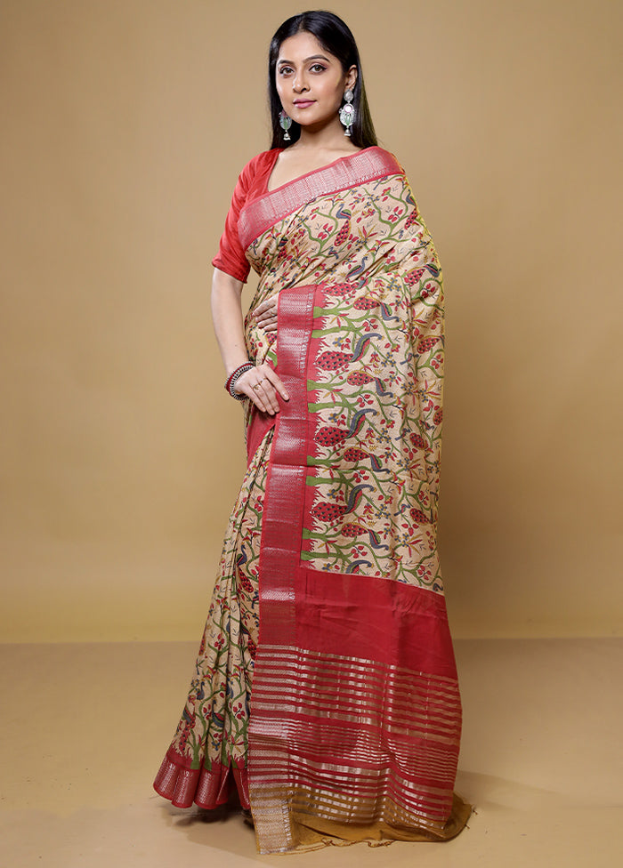 Cream Tussar Silk Saree With Blouse Piece