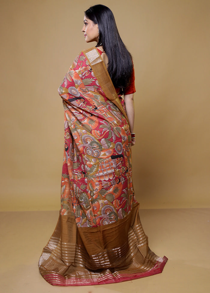 Pink Tussar Silk Saree With Blouse Piece