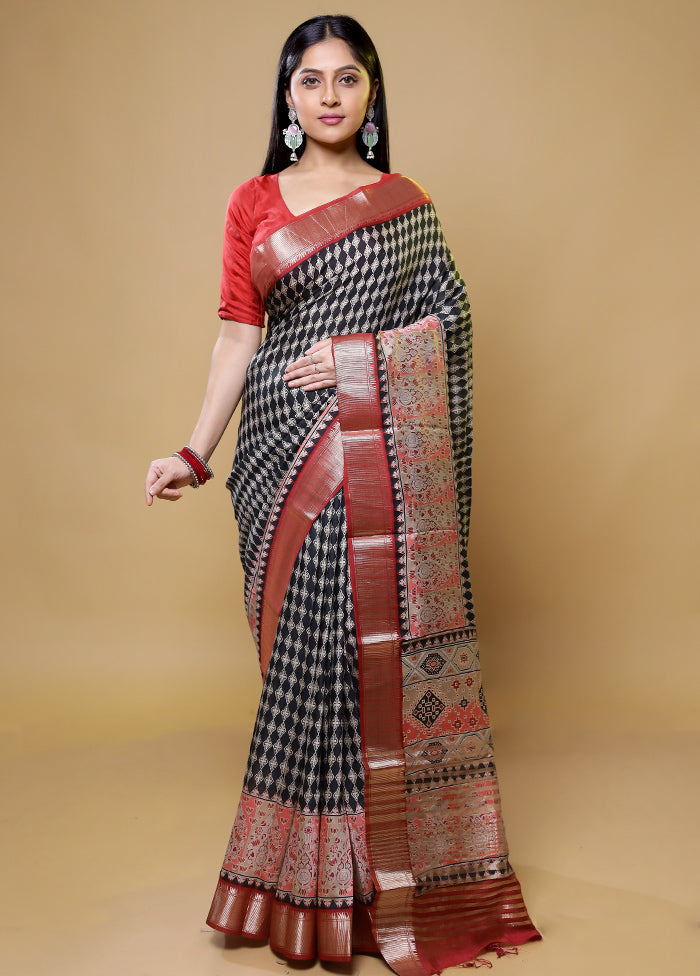 Black Tussar Silk Saree With Blouse Piece