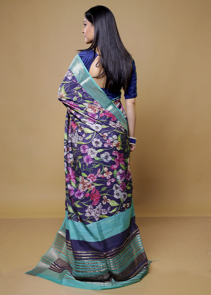 Blue Tussar Silk Saree With Blouse Piece