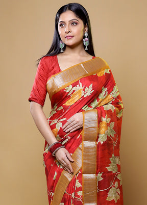 Red Tussar Silk Saree With Blouse Piece