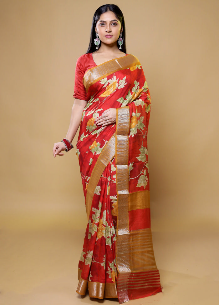 Red Tussar Silk Saree With Blouse Piece