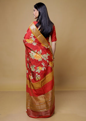 Red Tussar Silk Saree With Blouse Piece