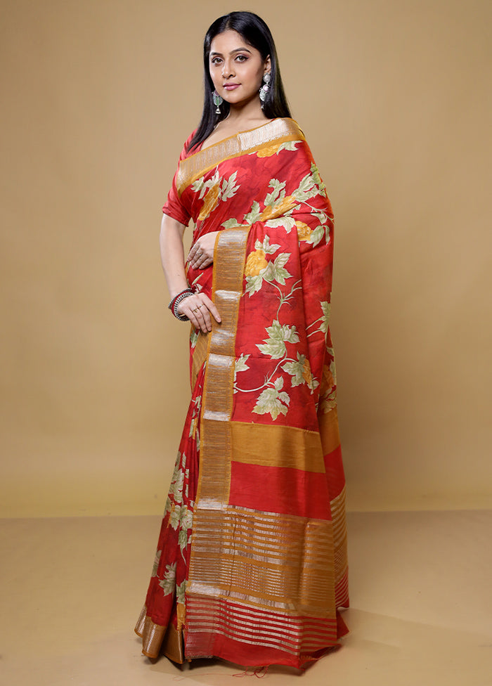 Red Tussar Silk Saree With Blouse Piece