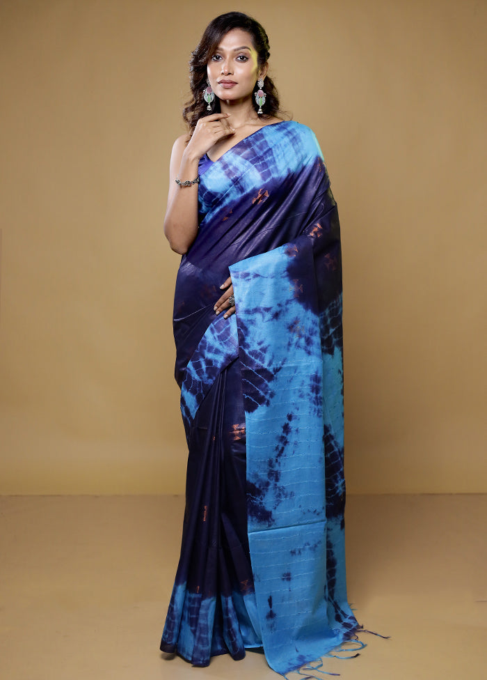 Blue Tussar Silk Saree With Blouse Piece