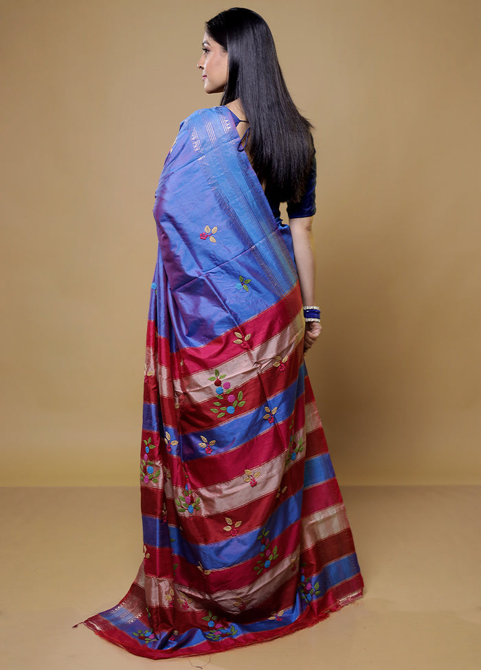 Blue Handloom Pure Bishnupuri Katan Saree Without Blouse Piece