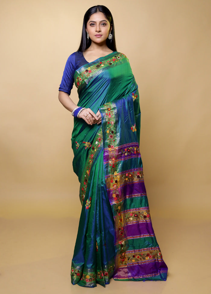 Green Handloom Pure Bishnupuri Katan Saree Without Blouse Piece