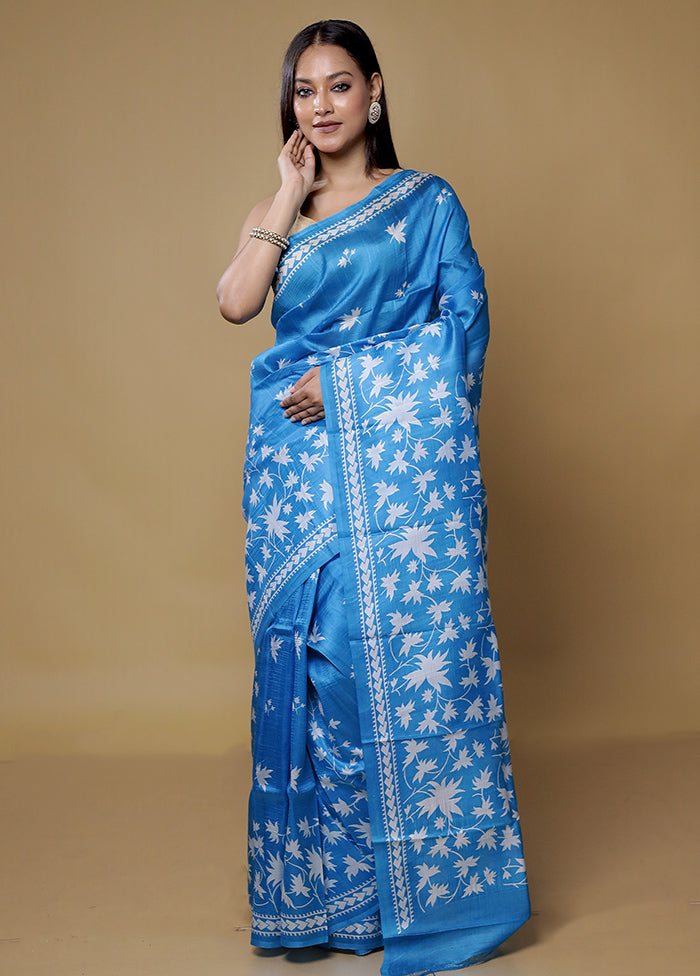 Blue Printed Pure Silk Saree Without Blouse Piece