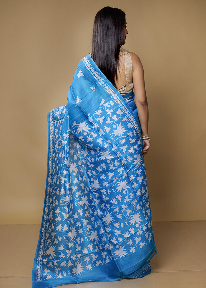 Blue Printed Pure Silk Saree Without Blouse Piece