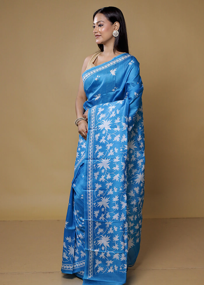 Blue Printed Pure Silk Saree Without Blouse Piece