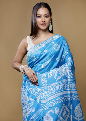 Blue Printed Pure Silk Saree Without Blouse Piece