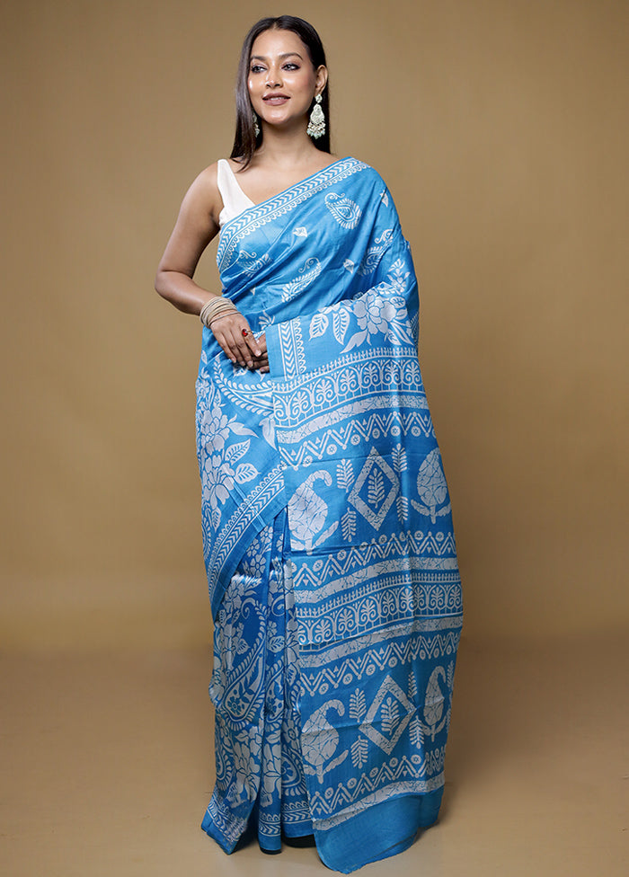 Blue Printed Pure Silk Saree Without Blouse Piece