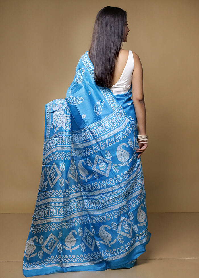 Blue Printed Pure Silk Saree Without Blouse Piece