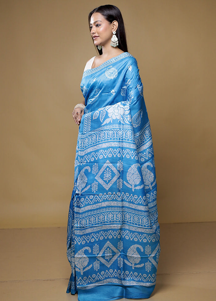 Blue Printed Pure Silk Saree Without Blouse Piece