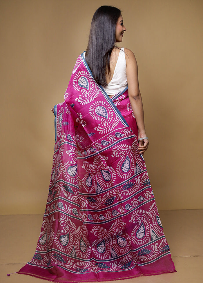 Purple Printed Pure Silk Saree Without Blouse Piece