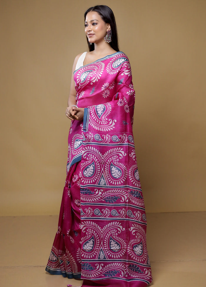 Purple Printed Pure Silk Saree Without Blouse Piece