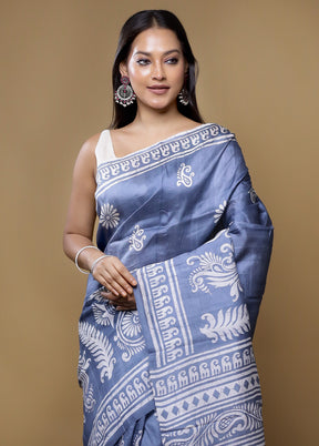 Grey Printed Pure Silk Saree With Blouse Piece