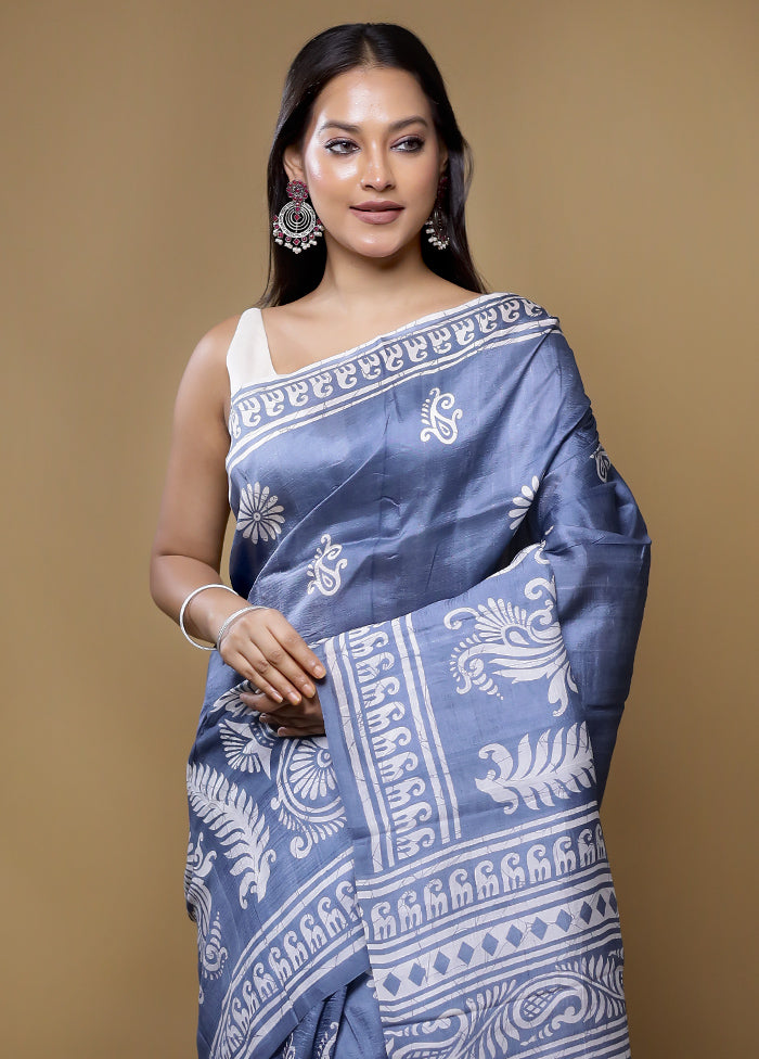 Grey Printed Pure Silk Saree Without Blouse Piece