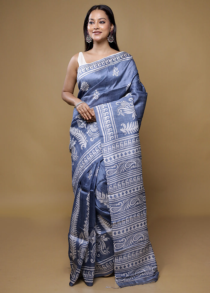 Grey Printed Pure Silk Saree With Blouse Piece