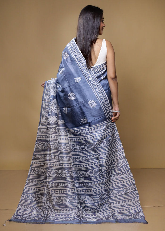 Grey Printed Pure Silk Saree With Blouse Piece