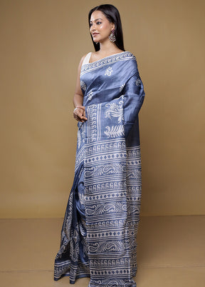 Grey Printed Pure Silk Saree With Blouse Piece