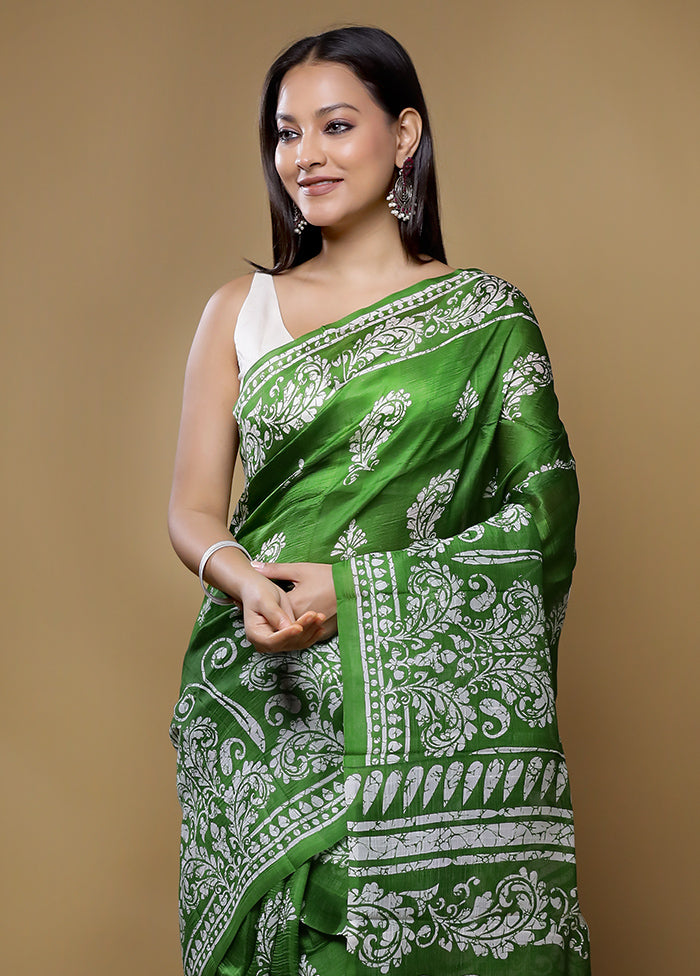 Green Printed Pure Silk Saree Without Blouse Piece