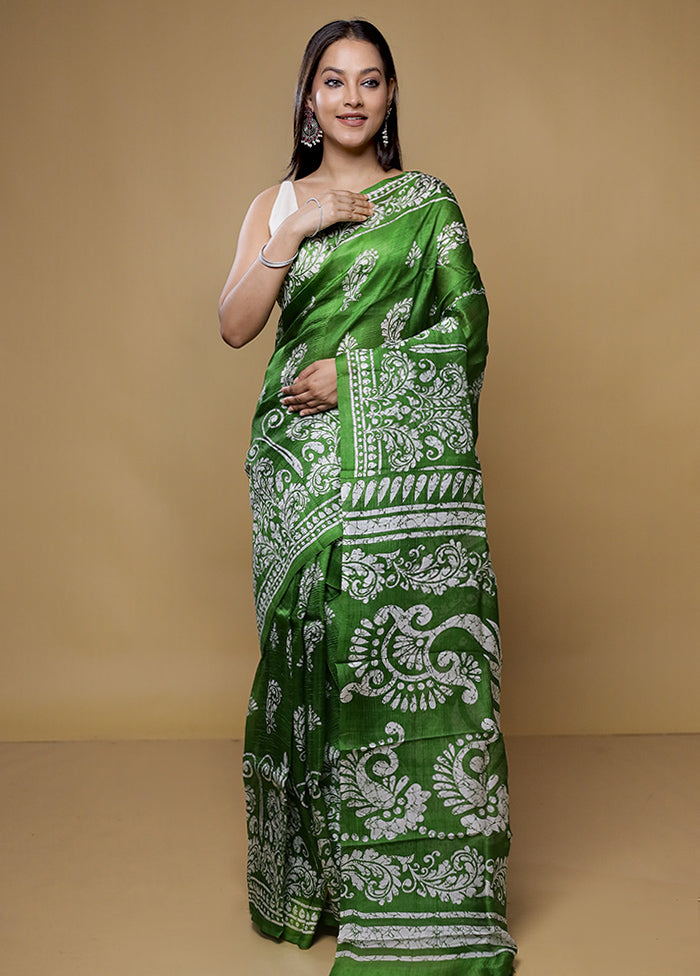 Green Printed Pure Silk Saree Without Blouse Piece