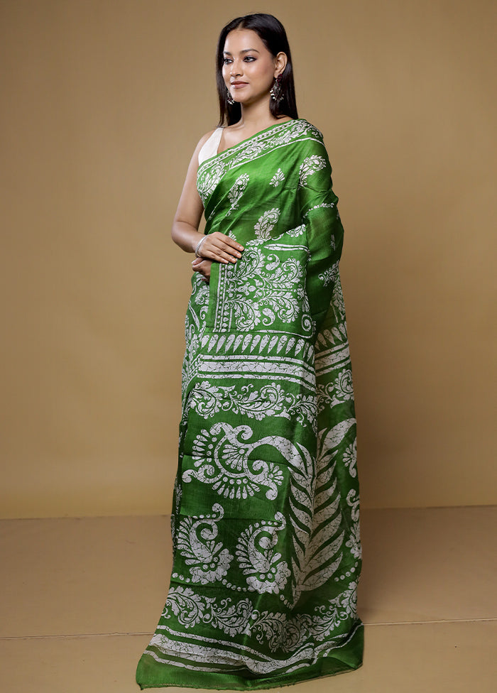 Green Printed Pure Silk Saree Without Blouse Piece