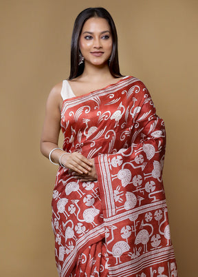 Brown Printed Pure Silk Saree Without Blouse Piece