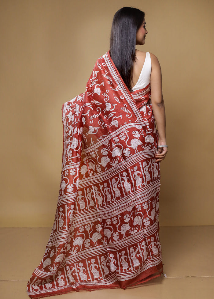 Brown Printed Pure Silk Saree Without Blouse Piece