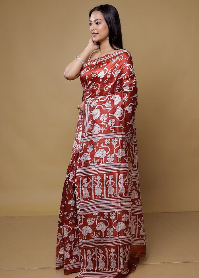 Brown Printed Pure Silk Saree Without Blouse Piece