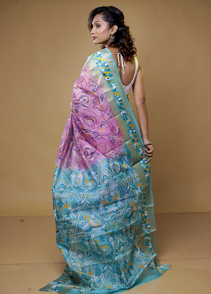 Purple Printed Pure Silk Saree Without Blouse Piece