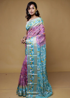 Purple Printed Pure Silk Saree Without Blouse Piece