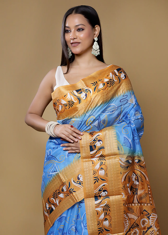 Blue Printed Pure Silk Saree Without Blouse Piece