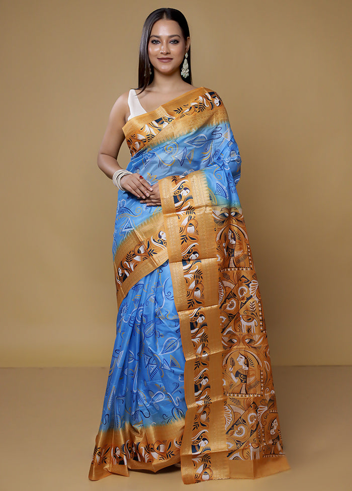 Blue Printed Pure Silk Saree Without Blouse Piece