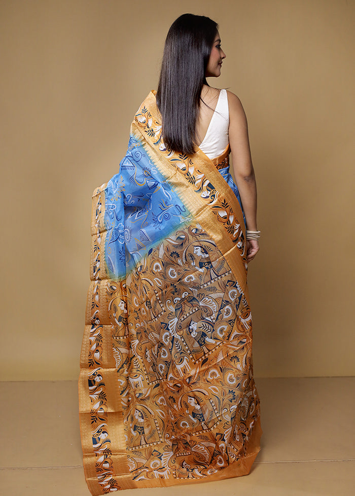 Blue Printed Pure Silk Saree Without Blouse Piece