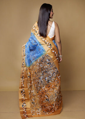 Blue Printed Pure Silk Saree Without Blouse Piece